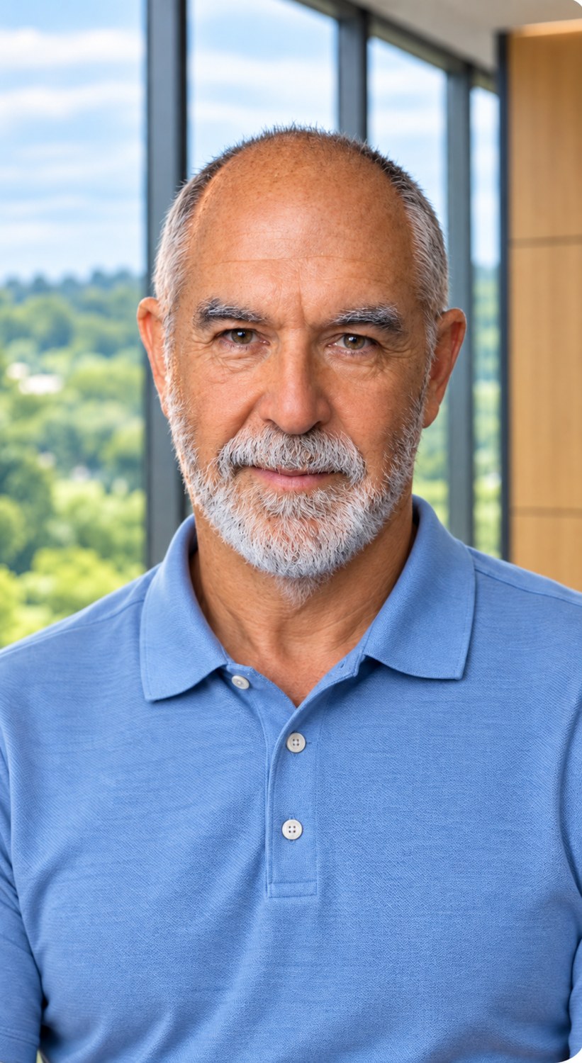 Malcolm Evans wearing a blue golf shirt